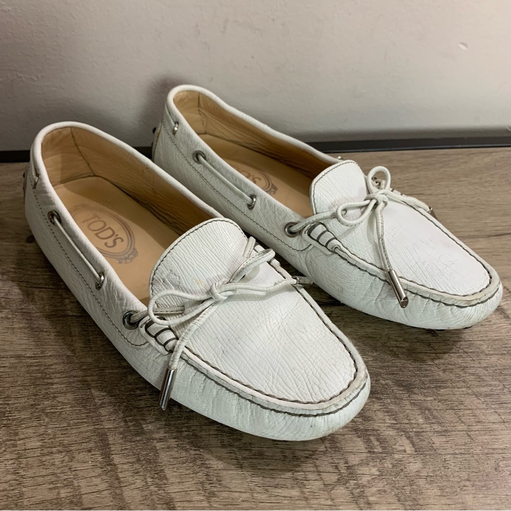 Women's TODS White GOMMINO LEATHER Tie Front DRIVING Loafers MOCCASINS Shoes 9